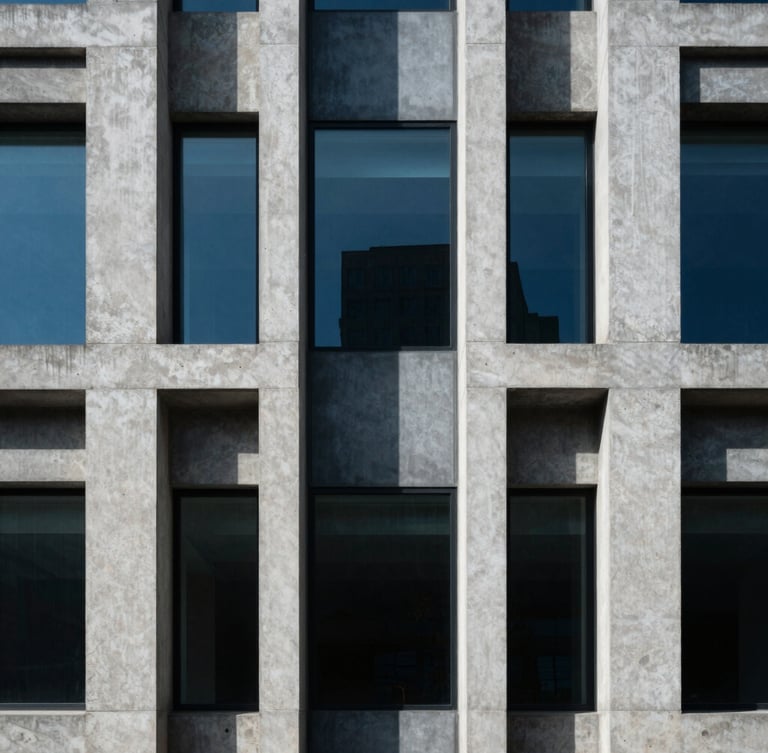Symmetrical architectural detail of a concrete and glass facade, sharp geometric shadows, cool blue studio lighting, minimal composition.