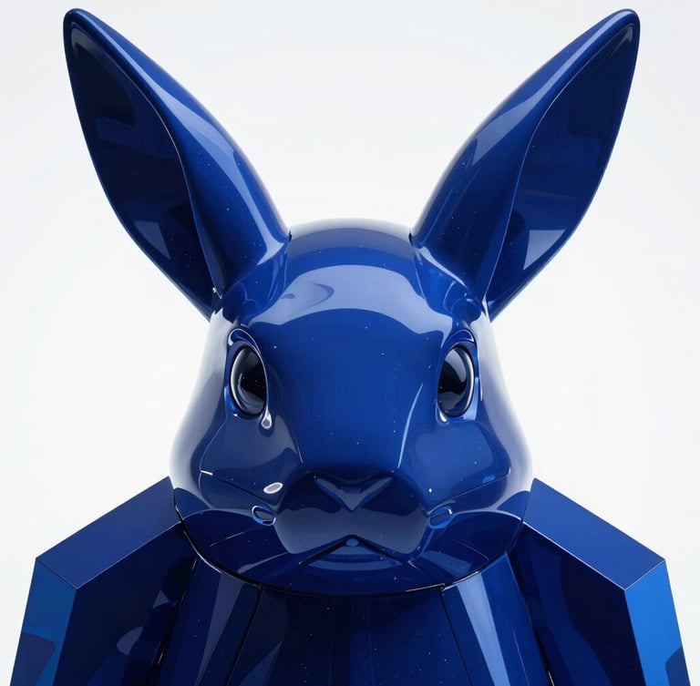 Symmetrical close-up of a futuristic digital sculpture, sharp metallic edges reflecting deep sapphire light, pristine white background.