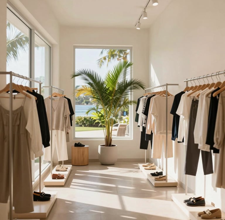 Bright editorial photography of a modern clothing boutique interior, warm natural island daylight streaming through windows, soft palm green plants, clean minimalist racks with shoes and apparel, 35mm lens
