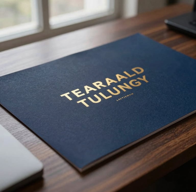 Close-up of high-end physical campaign collateral on a heavy textured paper with subtle gold foil details, resting on a dark walnut executive desk under soft window light