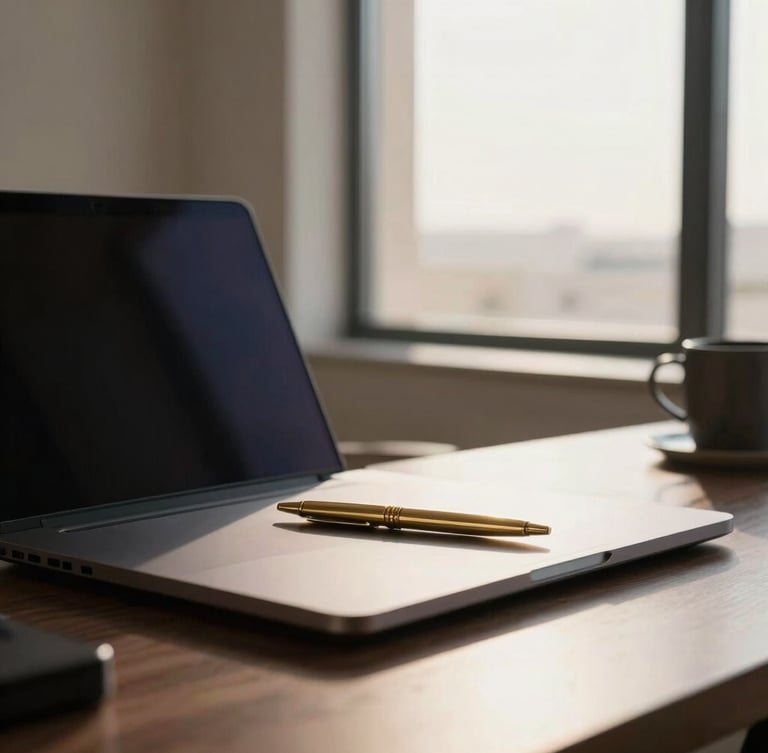 Minimalist executive workspace in Riyadh, warm afternoon window light casting soft shadows on a high-end notebook and gold pen, shallow depth of field, 35mm