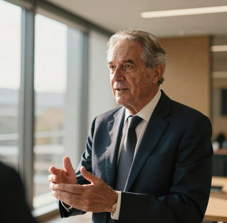 Candid medium portrait of a senior executive in discussion, warm natural side-light, modern architectural interior, professional and human tone