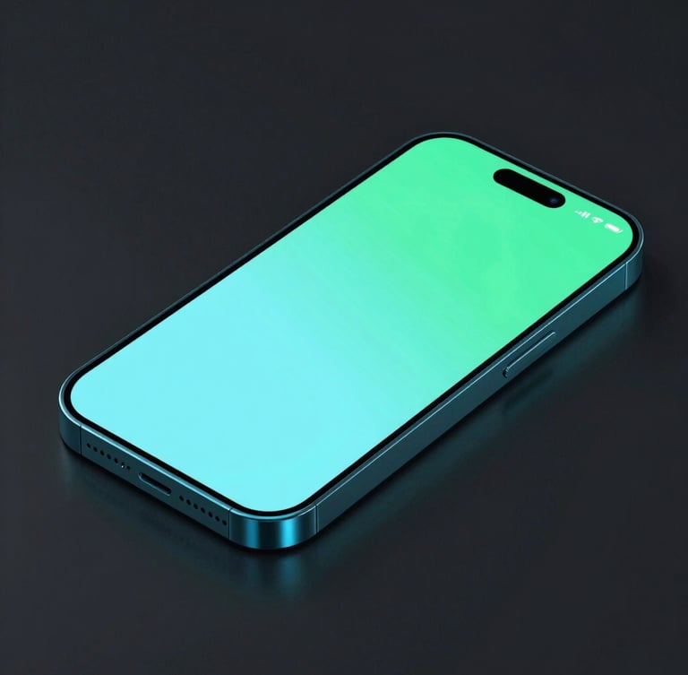 High-fidelity 3D device mockup of a smartphone showing a clean user interface with vibrant cyan glowing accents, dark obsidian background, 35mm