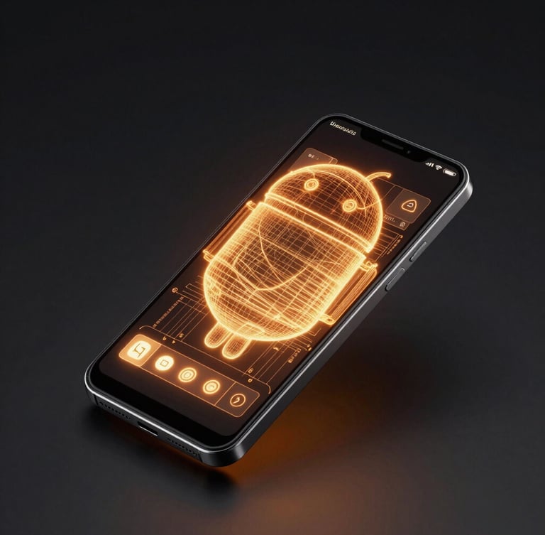 Dynamic isometric 3D device mockup of a sleek Android smartphone, glowing amber UI wireframe on screen, dark obsidian background, dramatic neon lighting