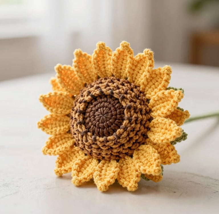 Close-up portrait of a handmade crochet sunflower bouquet resting on a smooth, light beige marble surface, bright diffused natural morning light highlighting the intricate cotton stitches, shallow depth of field, warm pastel background.