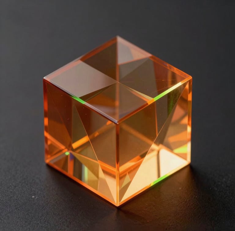 Isometric 3D composition of abstract glass-like and holographic geometric shapes glowing with deep orange and amber backlighting against a dark charcoal canvas, sharp neon green highlights on the edges.