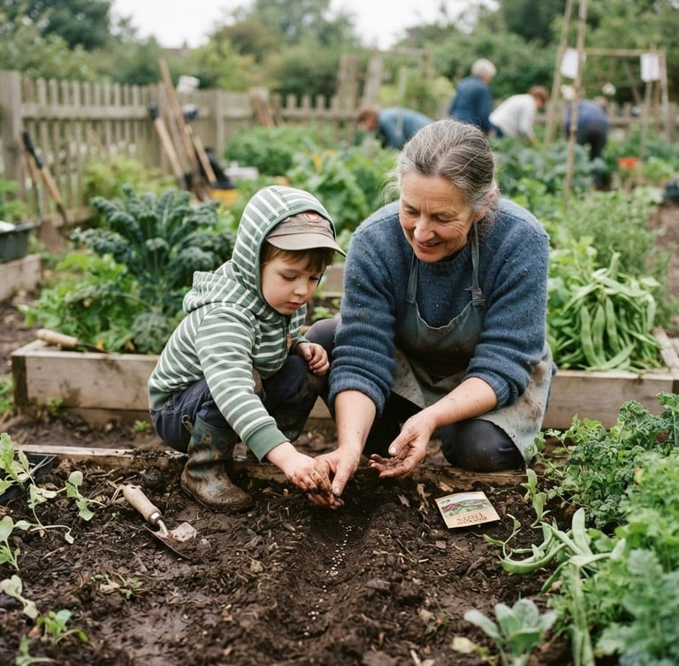 A quiet, unposed documentary photograph of a local community garden, an older volunteer guiding a young child planting seeds in dark soil, soft natural overcast daylight, warm organic tones, 35mm film.