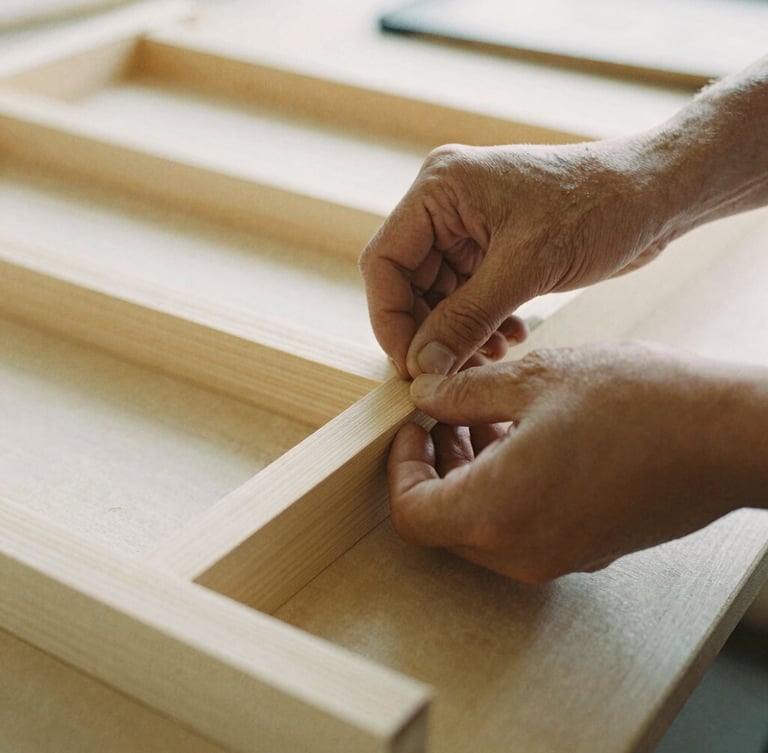 A close-up documentary shot of hands assembling a wooden frame in a bright vocational workshop, natural light, warm organic tones