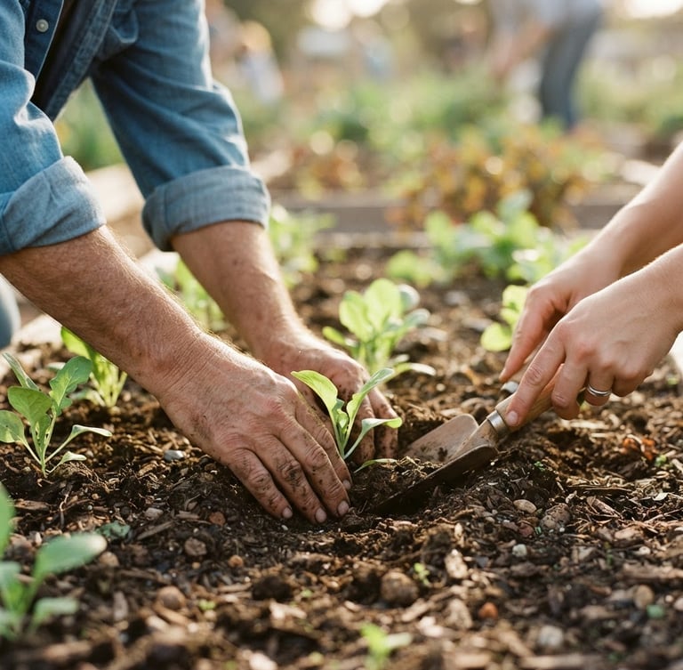 A close-up documentary shot of hands working together in a sunlit community garden, tending to green seedlings in rich soil, warm natural daylight, shallow depth of field, 35mm film