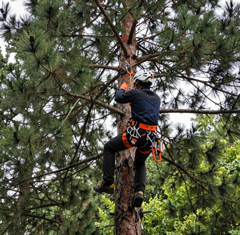 Low-angle shot looking up at a certified arborist in a high-altitude climbing harness on a massive pine tree, crisp natural daylight, forest green and safety orange gear accents, sharp focus