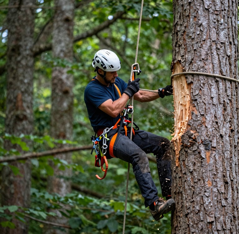 Close-up of a professional arborist rigging system mid-cut, heavy duty ropes tensioned around a massive trunk section, wood chips flying, sharp focus, technical gear