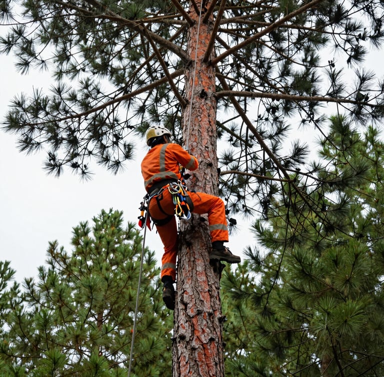 Low-angle shot looking up a massive pine tree trunk, a professional arborist in high-visibility orange climbing gear and harness ascending with technical rigging, crisp daylight, sharp focus, 35mm