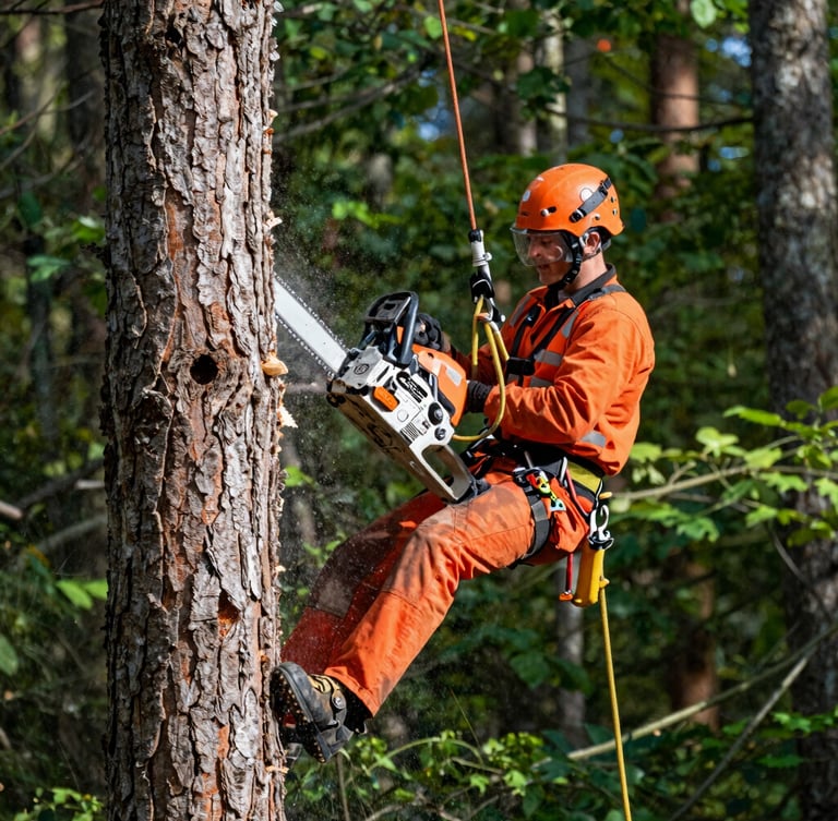Close-up action shot of a professional arborist in safety orange gear executing a precise chainsaw cut on a massive tree trunk, woodchips flying, crisp morning daylight, sharp focus, 35mm photography