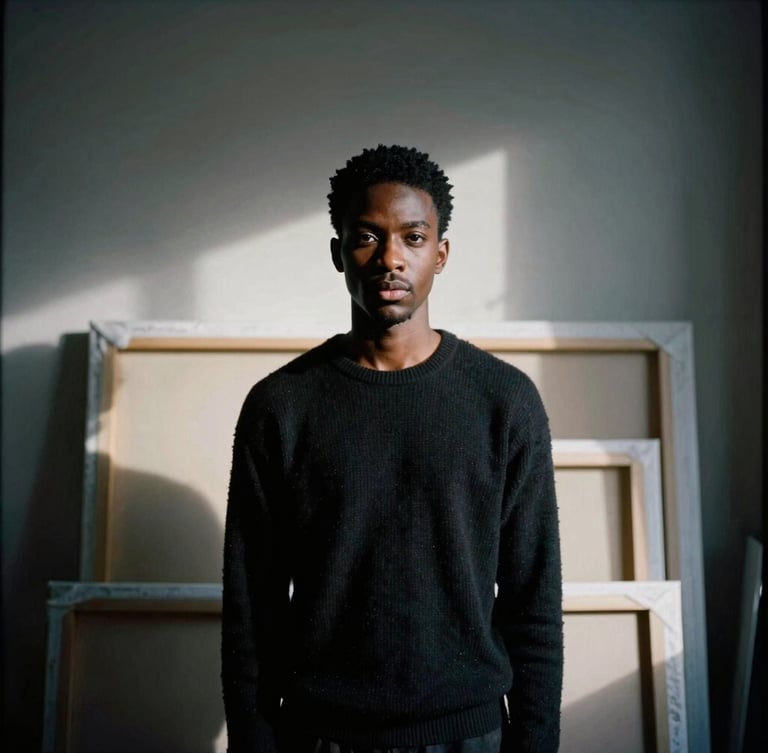 An editorial medium-format portrait of a contemporary Black artist in a minimalist London studio, soft directional window light highlighting their focused expression, canvases stacked in deep shadow behind them.