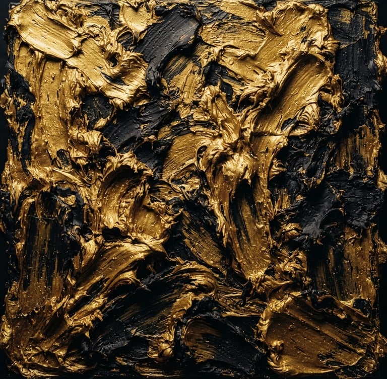 Extreme close-up of thick oil paint textures in deep gold and obsidian black, dramatic gallery spotlighting, medium format film.
