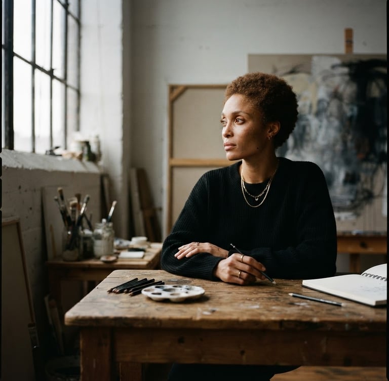Intimate editorial portrait of a contemporary Black artist in a minimalist studio, soft directional window light, rich shadows, medium format film