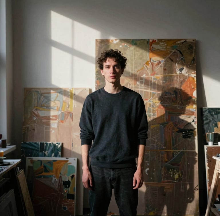 Wide-angle editorial portrait of an artist in a sunlit Shoreditch studio, directional window light casting soft shadows, large canvas with rich paint textures in the background
