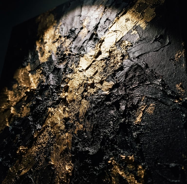 A dramatic, high-contrast close-up of a contemporary oil painting, showing thick impasto brushstrokes and rich gold and obsidian textures under a sharp gallery spotlight.