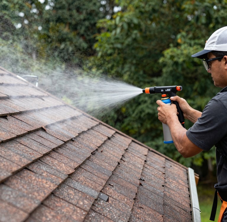 A professional technician wearing safety gear and a harness, using precision spray equipment to apply a micro-thin coating to a clean shingle roof, bright direct sunlight, architectural framing
