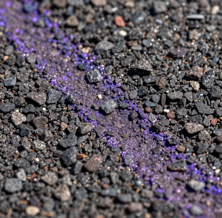 Extreme close-up macro shot of shingle granules under high-contrast direct sunlight, showing ultraviolet purple chemical shield bonding to the asphalt texture, sharp focus, no text.