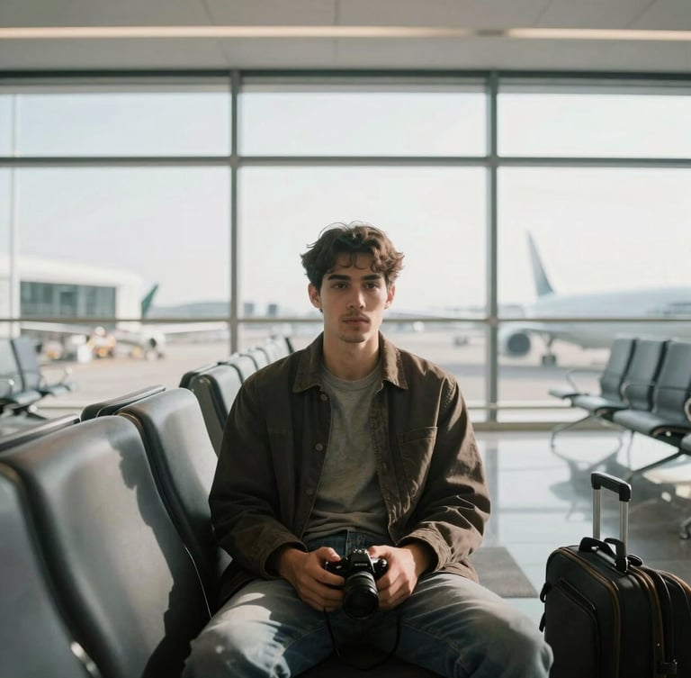 A calm, unhurried traveler sitting in a quiet airport lounge, soft natural daylight streaming through large windows, first-person perspective, peaceful atmosphere.