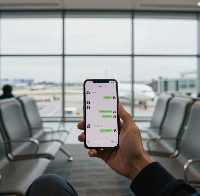 First-person perspective of a traveler sitting in a quiet airport lounge, holding a smartphone showing a direct chat conversation, soft natural light, runway visible through clean glass windows in the background.