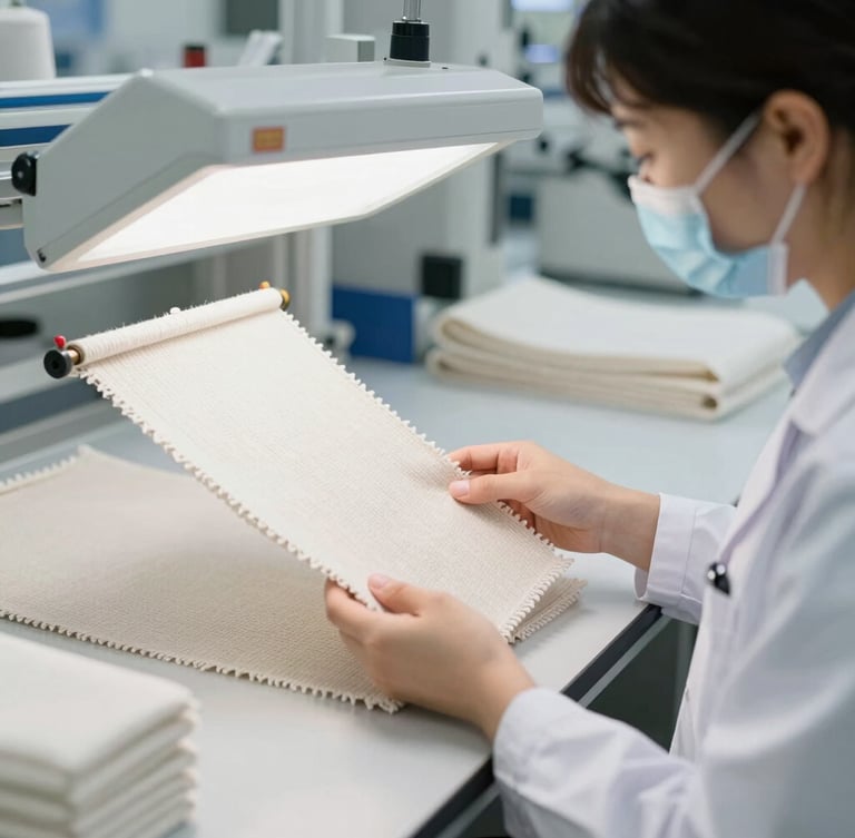 A professional quality inspector in a bright clean textile laboratory, examining a knitted fabric sample under a standardized light box, 35mm