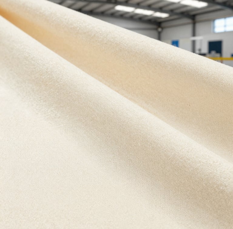 Macro shot of premium lightweight cream cotton jersey fabric draped elegantly under bright industrial daylight, showing fine-gauge weave detail, 35mm