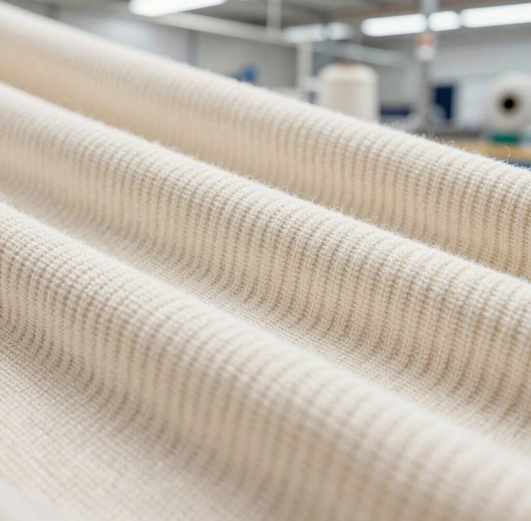 Macro shot of ultra-soft combed cotton rib knit fabric in raw cream, bright clean industrial daylight, 35mm