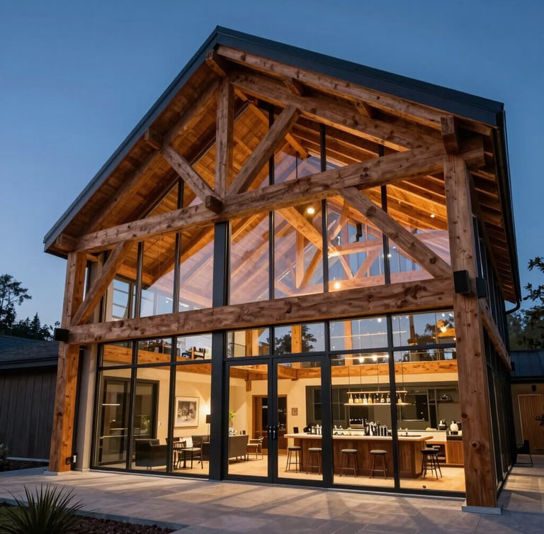 Wide-angle architectural photograph of a modern barndominium living room at dusk, towering double-height glass walls, massive exposed cedar timber trusses framing the ceiling, warm interior lights glowing.