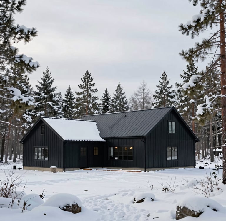 Wide environmental shot of a completed black steel barndominium estate in winter, surrounded by snow-covered pine trees under a crisp overcast sky