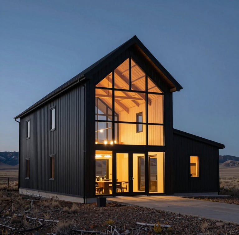 Dramatic wide-angle architectural photograph of a modern steel-frame barndominium at dusk, warm interior light glowing through massive double-height glass facades, deep charcoal steel cladding, vast Colorado plains in the background.