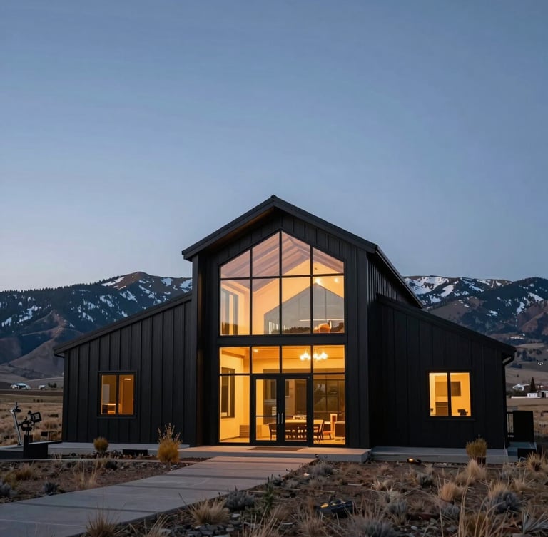 Dusk wide-angle exterior shot of a modern black steel barndominium in a sweeping Colorado valley, warm glowing interior lights visible through massive double-height glass windows, crisp twilight sky.