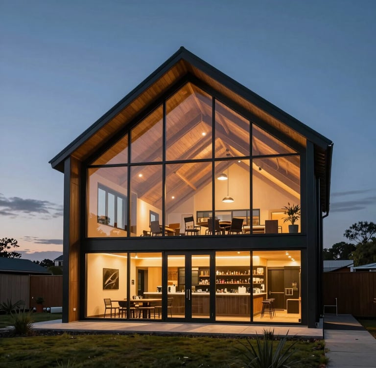 Dusk shot of a modern steel-frame barndominium with glowing warm interior light shining through massive double-height glass walls, set against a vast twilight sky