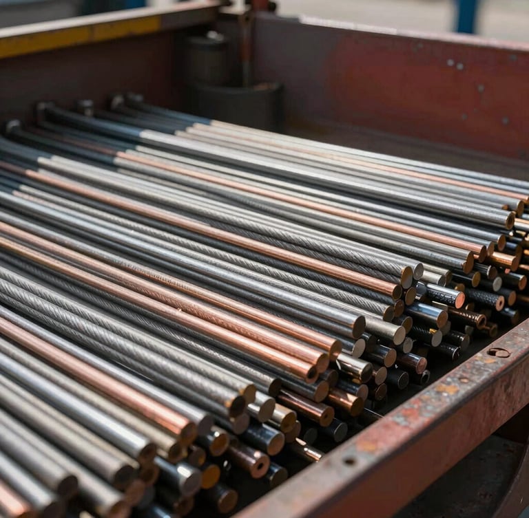 Close-up of a heavy industrial truck scale loaded with sorted metal cables, cold steel textures, sharp daylight, 35mm