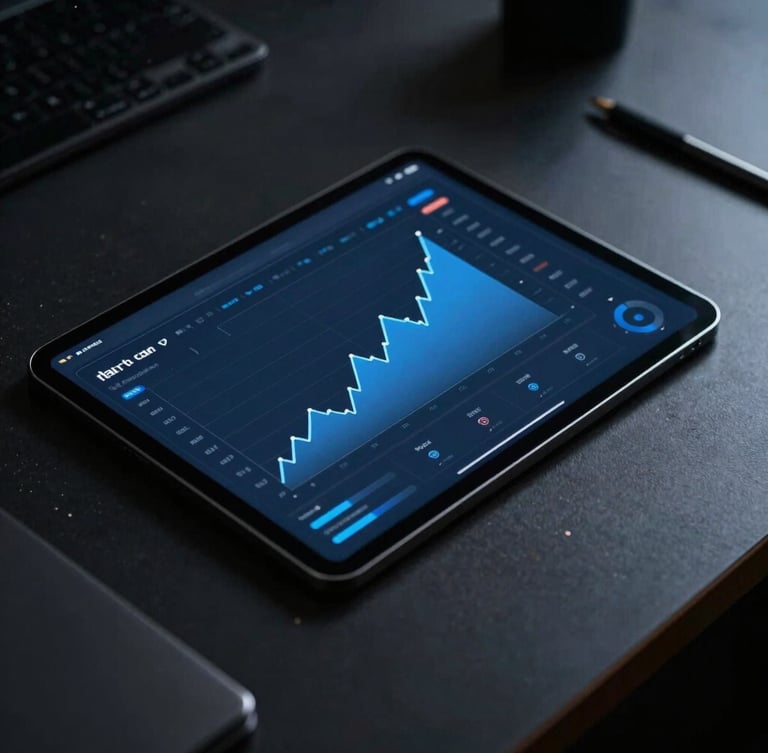Editorial dark-mode photography, close-up of an analytical dashboard showing growth metrics on a sleek tablet screen, resting on a dark obsidian desk, moody high-contrast directional light, 35mm lens