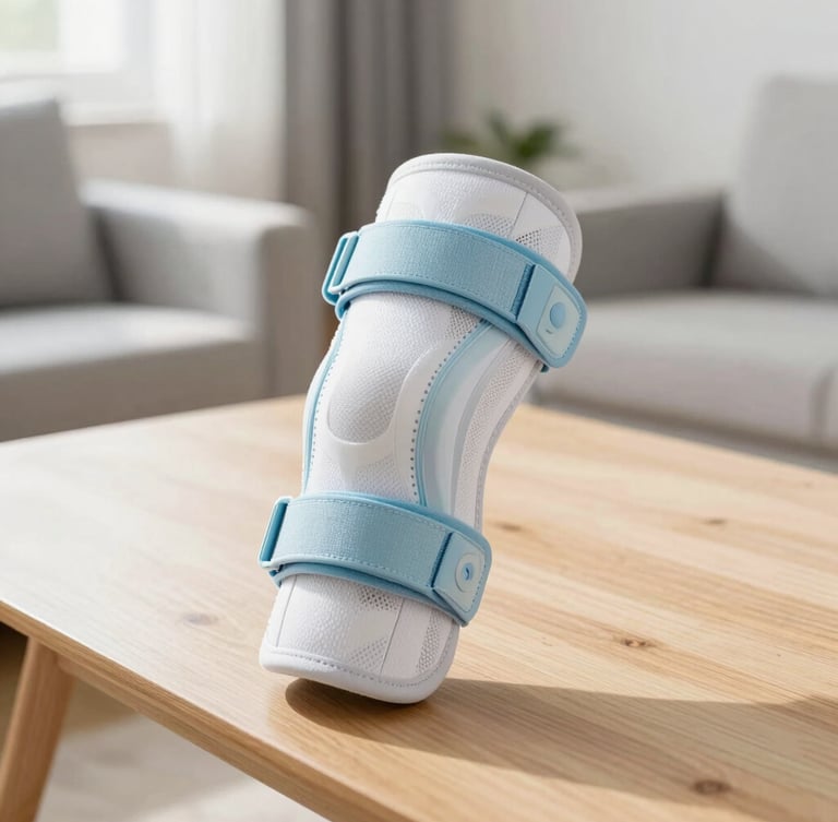A clean close-up of a modern, lightweight knee brace resting on a bright wooden table in a sunlit living room, soft natural daylight, calming blue and white tones, 35mm