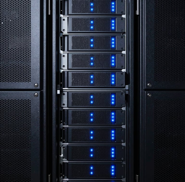 Macro photograph of high-end server racks with cool blue indicator lights, symmetrical architectural perspective, sleek dark-mode tech aesthetic