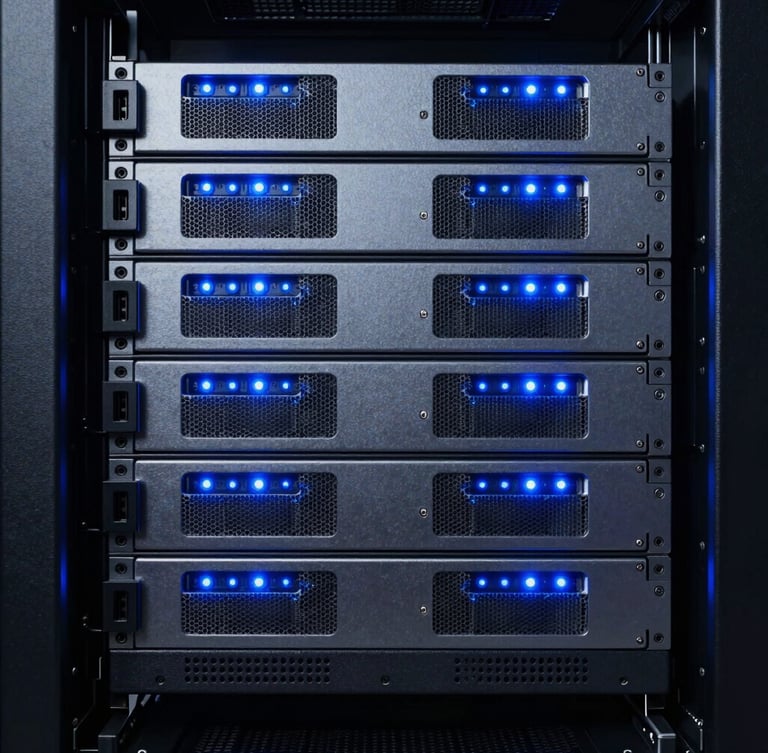 Symmetrical close-up of a high-end server rack with cool blue indicator lights, sharp technical focus, premium B2B aesthetic