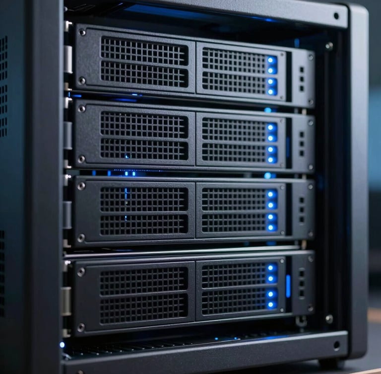 Sleek dark-mode tech photography, macro of server rack with cool blue indicator lights, sharp focus, 85mm lens, premium B2B aesthetic