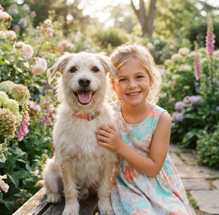 Retrato cercano de un perro mestizo feliz, de tamaño mediano, de pelaje claro, sentado junto a una niña sonriendo en un jardín soleado, ambos mirando a la cámara, luz natural cálida, enfoque suave, tonos turquesa y coral.