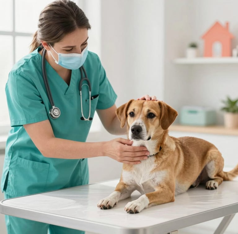 Veterinario con bata turquesa acariciando suavemente a un perro recuperándose en una mesa de examen, luz natural brillante, ambiente clínico cálido y limpio, enfoque en la interacción.