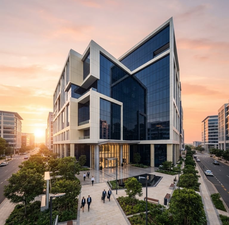 Wide panoramic view of a modern corporate office building exterior at sunrise, clean architectural lines, deep navy glass facade, professional business environment, bright natural daylight, crisp focus