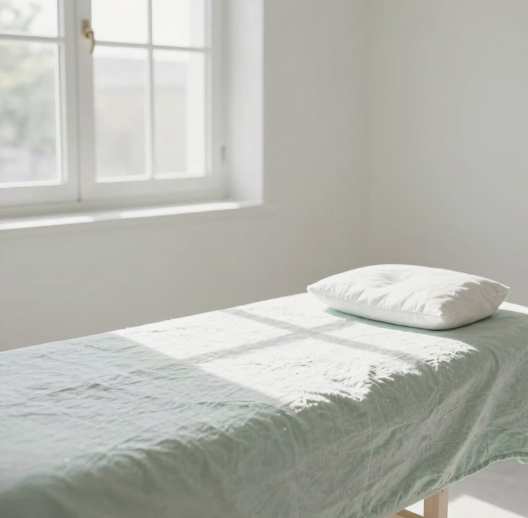 Medium shot of a sun-drenched, minimalist treatment room with soft linen textures, natural daylight streaming through a window, clean white and pale green tones, bright airy photography.