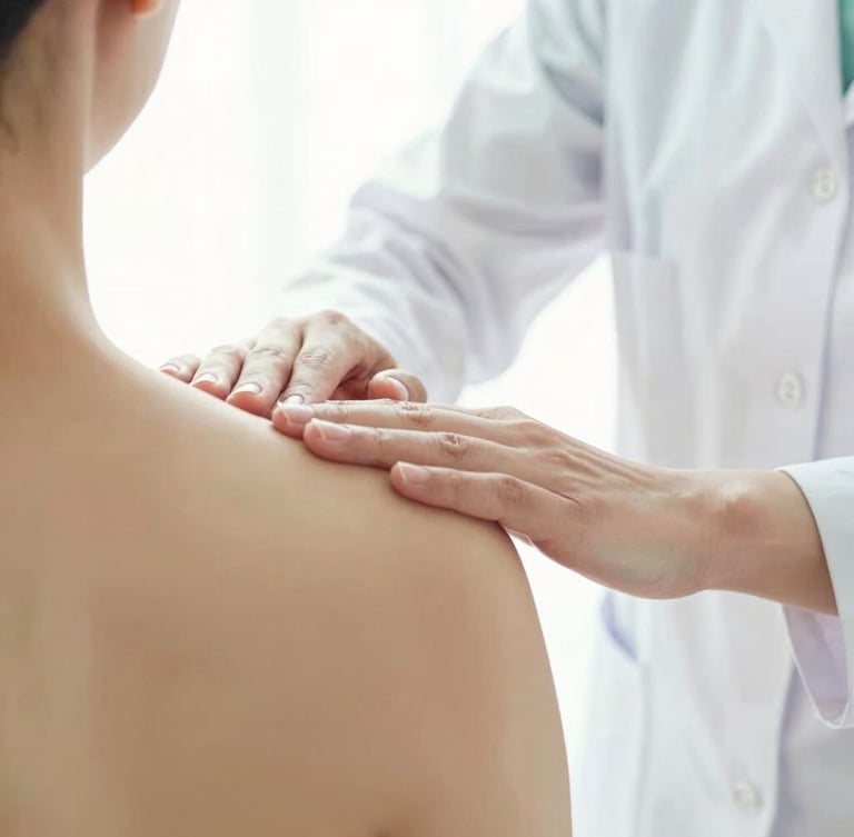 Close-up of therapist's hands performing targeted therapeutic bodywork on a client's shoulder, soft natural lighting, professional setting, bright airy photography.