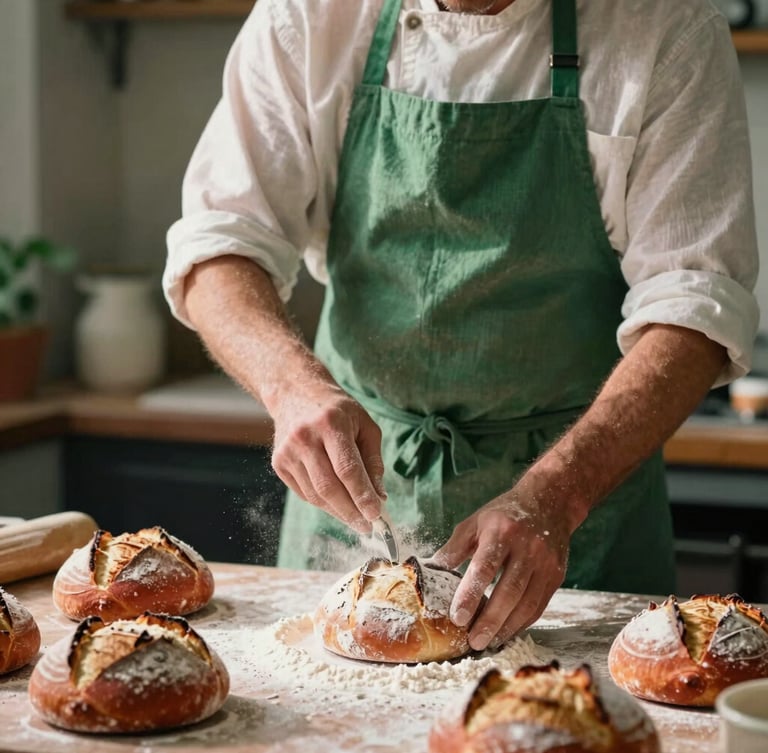 Editorial medium-close portrait of a chef in a linen apron dusting flour onto freshly shaped sourdough, warm side-daylight, shallow depth of field, 35mm film.