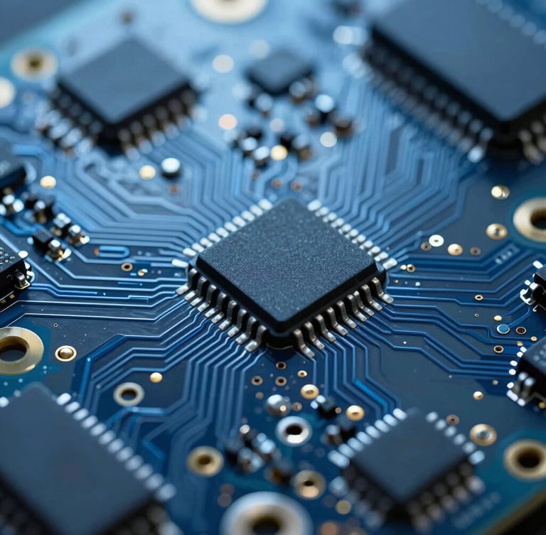 Macro close-up of a complex circuit board with fine traces and microchips, illuminated by cool blue and white studio lights, suggesting precision engineering.