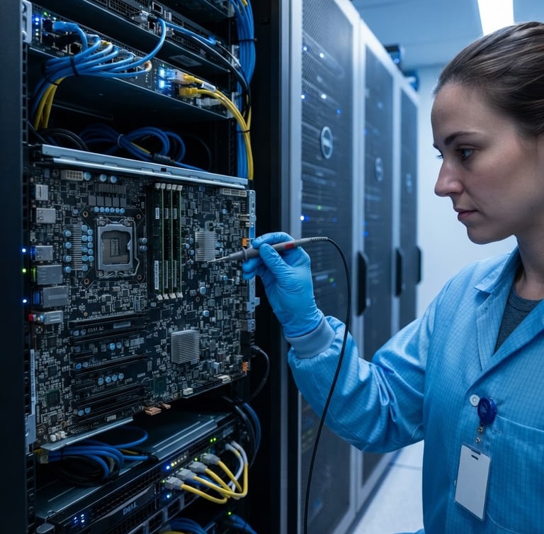 Clean, organized stack of enterprise server racks in a modern data center, cool blue and white studio lighting, a technician in anti-static gear performing diagnostics, macro focus on circuit boards, 35mm