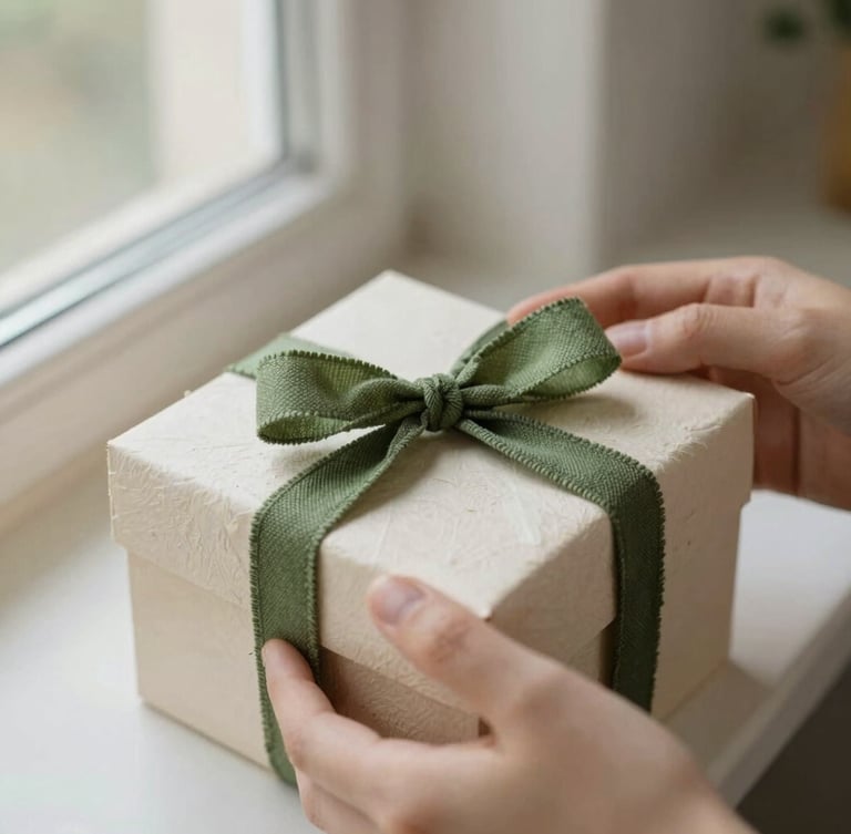 Hands carefully wrapping a small wooden box in textured cream paper, tied with a simple forest green linen ribbon, soft natural light, muted earthy tones.