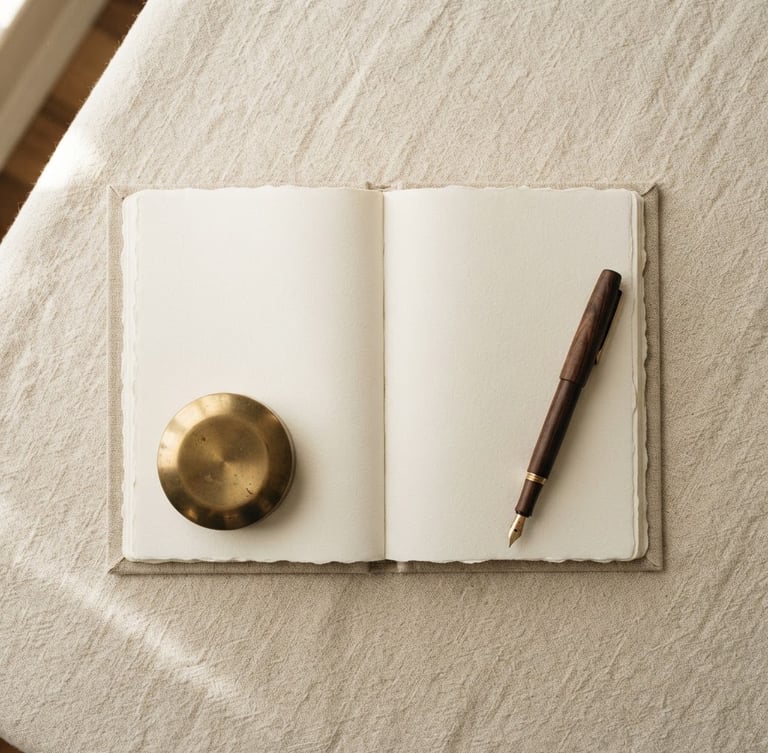 Overhead flat-lay of a brass paperweight, an open linen notebook, and a dark wooden pen resting on a textured cream linen tablecloth, soft morning window light, gentle shadows, warm editorial photography.